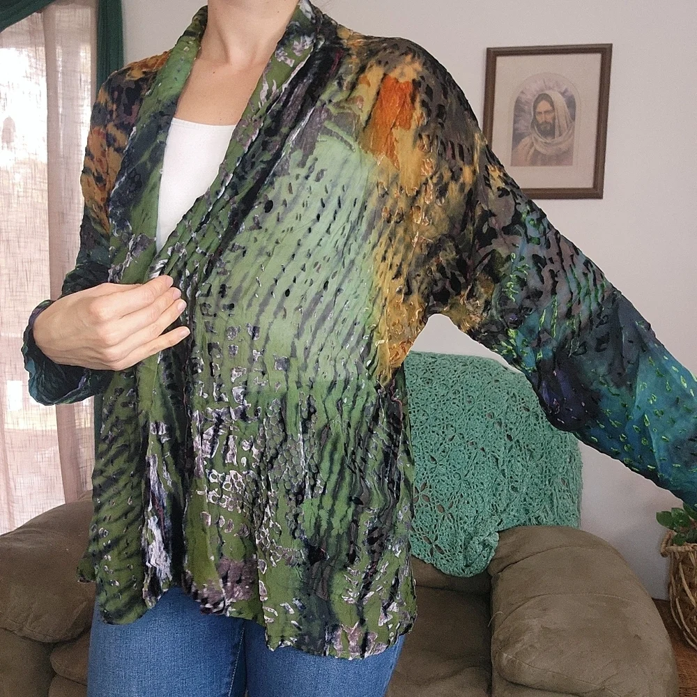 Vintage Mulitcolored Eclectic Art Silk Open Kimono Size Small